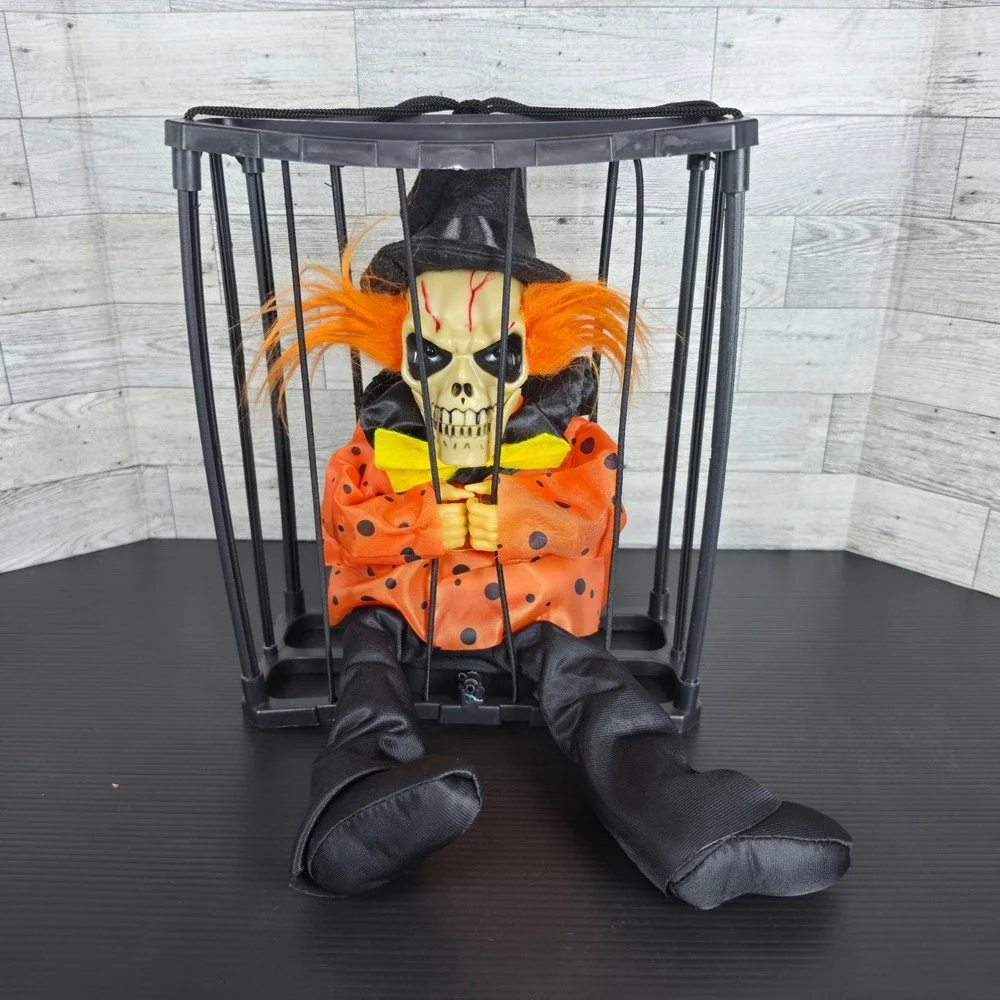 Halloween Animated Skeleton Clown in Cage Hanging Prop Orange Black Skull Decor
